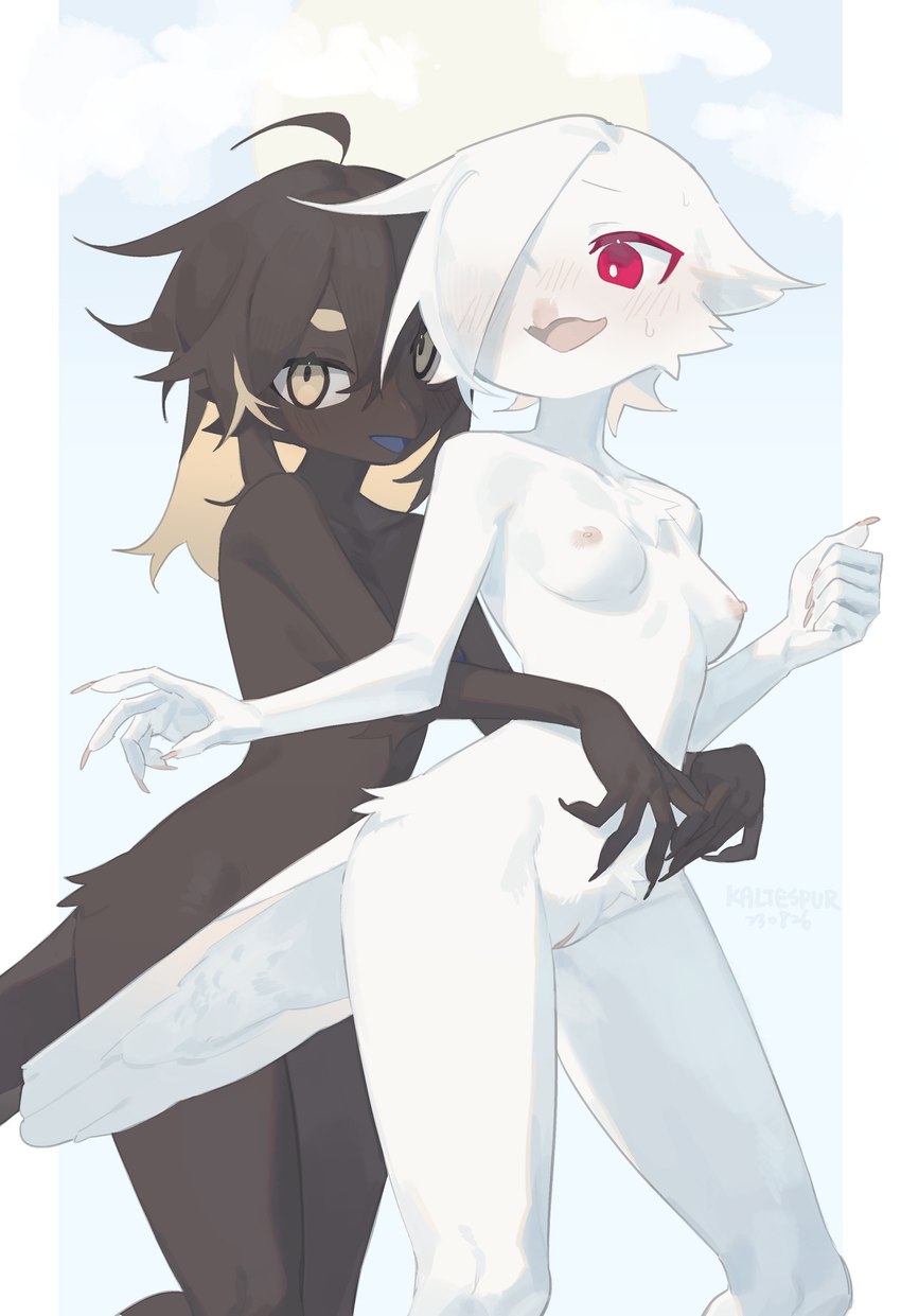 anthro areola beak biped black_body blush breasts duo female fur genitals nipples nude pink_eyes pussy small_breasts text white_body white_fur yellow_eyes kaltespur avian absurd_res hi_res url