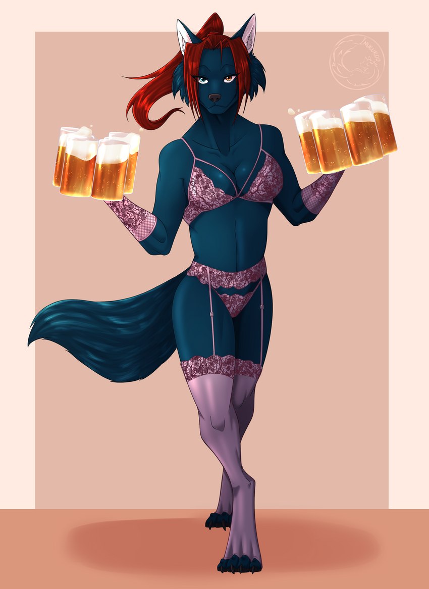 alcohol anthro beer beverage black_nose blue_body blue_fur bra breasts cleavage clothed clothing female fur gloves hair handwear heterochromia legwear lingerie panties red_hair solo stockings tail underwear inukuroo jenny_(gavin) canid canine fox mammal absurd_res hi_res