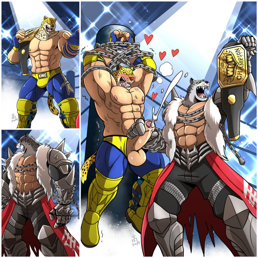 anthro biceps big_muscles bound chain chained dominant dominant_male duo ejaculation for_a_head handjob heterochromia huge_muscles humiliation luchador male male/male mask muscular muscular_male nipples pecs penile public public_humiliation raised_arm sex submissive submissive_male wrestler wrestling takataka tekken tekken_7 armor_king king_(tekken) animal_head animal_humanoid felid felid_humanoid humanoid jaguar jaguar_humanoid mammal mammal_humanoid pantherine pantherine_humanoid 1:1 absurd_res hi_res