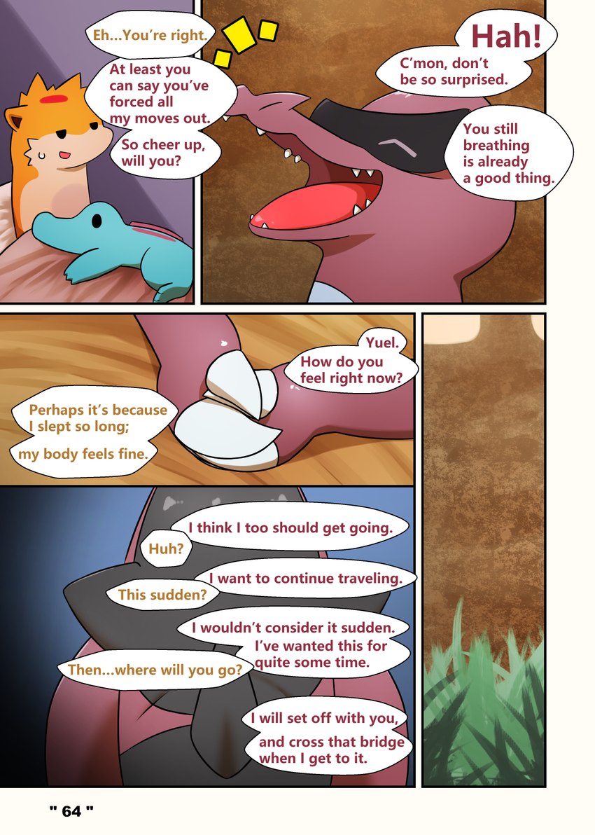 dialogue forest male plant speech_bubble text tree darrow0 nintendo pokemon mo_(darrow) pol_(darrow) yuel generation_2_pokemon generation_5_pokemon krookodile pokemon_(species) quilava totodile comic english_text hi_res