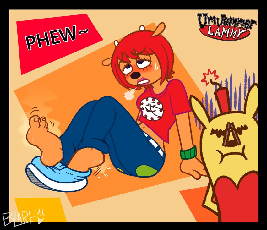 anthro black_border bodily_fluids border bottomwear breath clothing denim denim_bottomwear denim_clothing duo feet female foot_fetish foot_focus fur humanoid_feet jeans midriff musk orange_body orange_fur pants plantigrade sitting sitting_on_ground smelly smelly_feet sweat sweaty_feet yellow_body yellow_fur blarf022 parappa_the_rapper sony_corporation sony_interactive_entertainment um_jammer_lammy lammy_lamb ma-san bovid caprine mammal mouse murid murine rodent sheep 2023 absurd_res hi_res