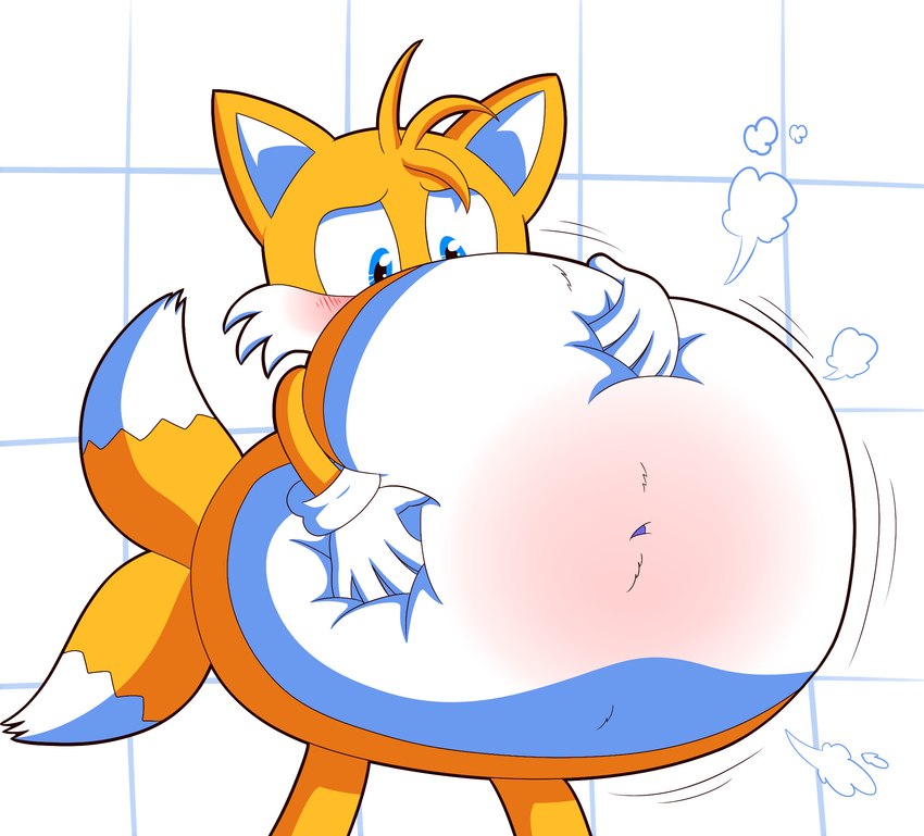 2_tails air_inflation anthro belly belly_blush belly_expansion belly_squish big_belly bloated blue_eyes blush body_blush clothing dipstick_tail expansion gloves gloves_only hair hand_on_belly hand_on_own_belly handwear handwear_only huge_belly hyper hyper_belly inflation inflation_fetish male markings mostly_nude motion_lines multi_tail navel orange_body orange_ears orange_hair orange_tail simple_background solo squish swelling tail tail_markings white_background white_belly white_clothing white_gloves white_handwear white_inner_ear white_tail_tip hedgehogstew sega sonic_the_hedgehog_(series) miles_prower canid canine fox mammal 2019 cel_shading colored digital_media_(artwork) hi_res shaded