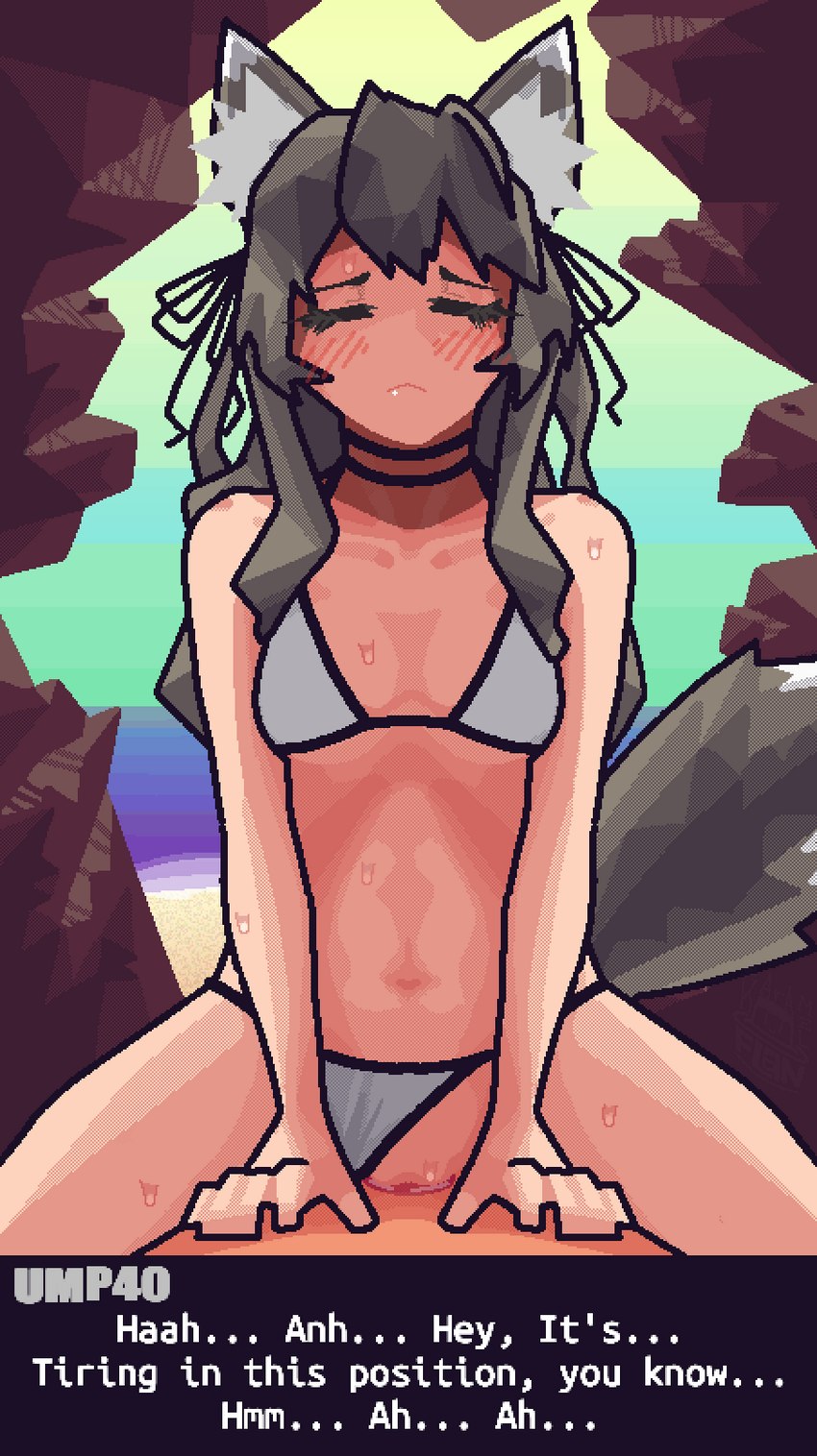 beach bikini bikini_aside bodily_fluids breasts clothing clothing_aside cowgirl_position duo eyes_closed female female_penetrated first_person_view from_front_position genitals grey_ears grey_hair grey_tail hair humanoid_penetrated inner_ear_fluff long_hair male male/female male_penetrating male_penetrating_female on_bottom on_top outside penetration penile penile_penetration penis_in_pussy safe_sex sea seaside sex sky straddling sweat swimwear swimwear_aside tail text tuft two-piece_swimsuit vaginal vaginal_penetration water wolf_ears wolf_tail karamel_flan girls_frontline ump40_(girls_frontline) animal_humanoid canid canid_humanoid canine canine_humanoid humanoid mammal mammal_humanoid wolf_humanoid english_text hi_res