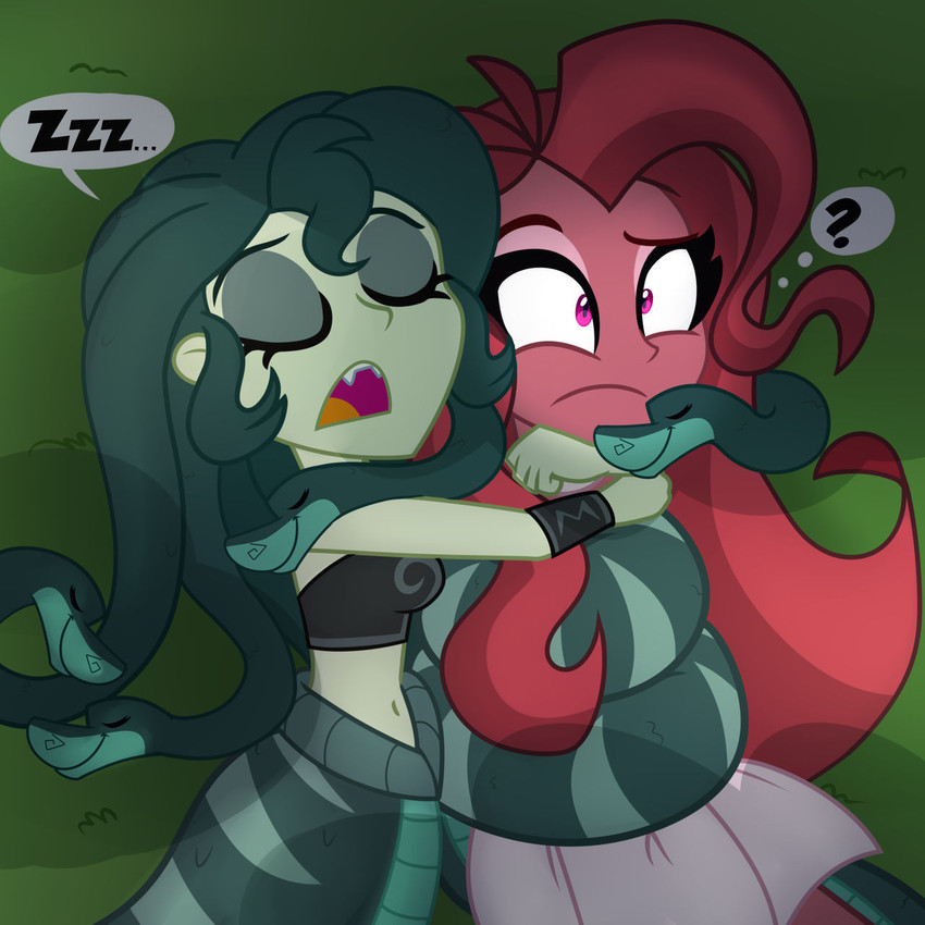 anthro apode coiling cuddling duo eyes_closed fangs female legless living_hair pseudo_hair purple_eyes question_mark serpentine sleeping snake_hair sound_effects split_form teeth vowelless vowelless_sound_effect zzz wubcakensfw european_mythology greek_mythology hasbro my_little_pony mythology fan_character medusa mezma_(oc) draconcopode gorgon lamia reptile scalie siren siren_humanoid snake 1:1 2020 hi_res