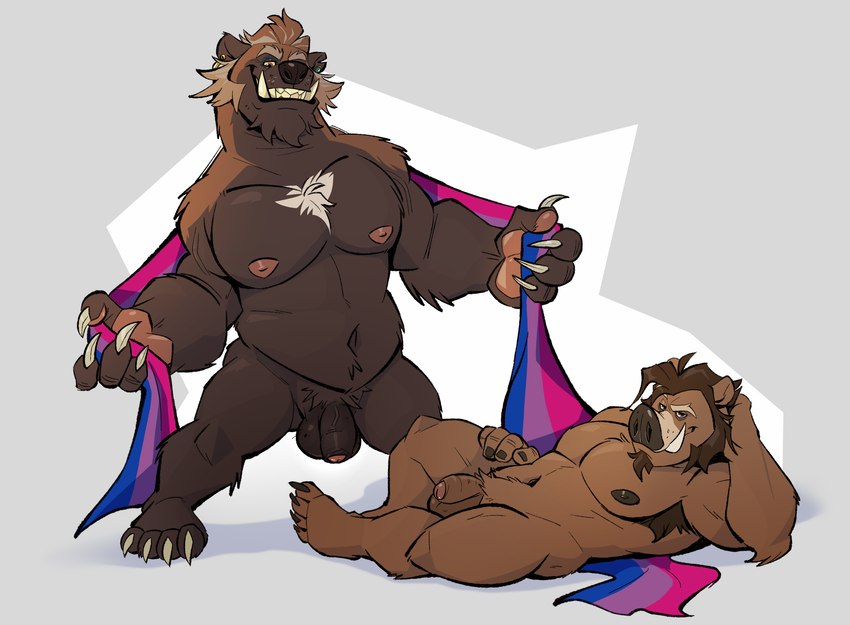 abs anthro armpit_hair balls barazoku bedroom_eyes biped bisexual_pride_colors body_hair brown_body brown_eyes brown_fur chest_hair chest_tuft claws clothing crotch_tuft duo ear_piercing eyebrows facial_hair facial_tuft flaccid foreskin fur genitals glans goatee hair humanoid_genitalia humanoid_penis lgbt_pride lying male male_anthro musclegut muscular muscular_anthro muscular_male nails narrowed_eyes navel nipples notched_ear nude nude_male on_side orange_eyes pawpads paws pecs penis piercing pink_glans plantigrade presenting pride_color_clothing pride_colors seductive simple_background smile smiling_at_viewer smirk smirking_at_viewer smug smug_face spread_arms spread_legs spreading standing teasing teasing_viewer thick_thighs tuft tusks unretracted_foreskin wearing_flag yellow_sclera dead_stray_bear bo_(dead_stray_bear) captain_feral gulonine mammal mustelid musteline suid suine sus_(pig) wild_boar wolverine hi_res