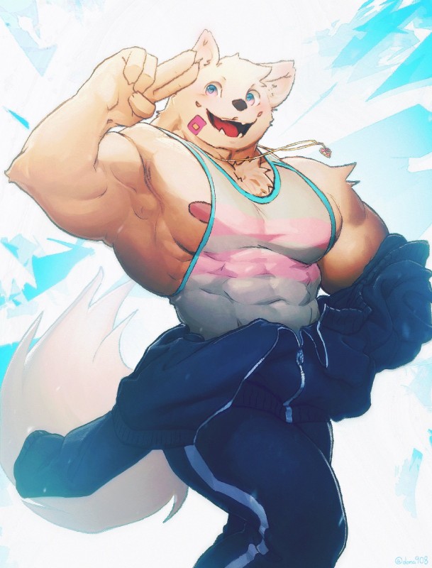 abs anthro biceps clothing fur gesture heart_eyes heart_symbol jewelry looking_at_viewer male muscular muscular_anthro muscular_male necklace nipple_slip nipples pecs salute shirt smile smiling_at_viewer solo tank_top tight_clothing tight_topwear topwear dona908 canid canine mammal 2019 hi_res