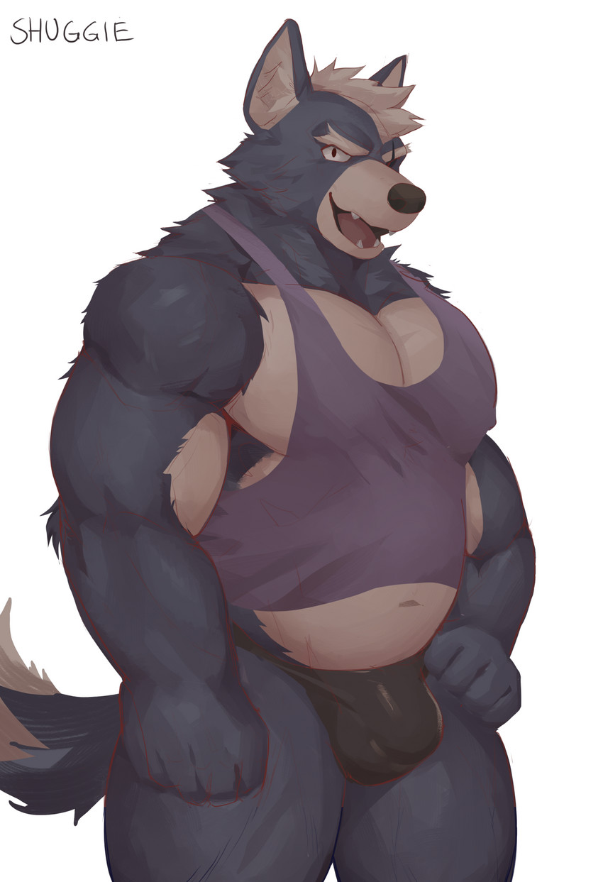 anthro black_clothing black_jockstrap black_undergarments black_underwear bulge clothed clothing eye_scar facial_scar fangs fur grey_body grey_fur jockstrap looking_at_viewer male musclegut muscular muscular_anthro muscular_male open_mouth overweight overweight_anthro overweight_male pecs scar shirt simple_background solo tank_top teeth topwear underwear white_background white_body white_fur shugggie nintendo star_fox wolf_o'donnell canid canine canis mammal wolf hi_res