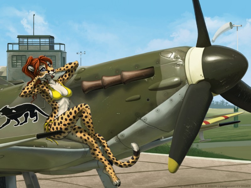 4_toes 5_fingers aircraft airplane anthro auburn_hair bikini blue_eyes breasts clothing day detailed_background feet female fingers hair midriff orange_hair outside pose sky solo spitfire_mk_iib swimwear toes two-piece_swimsuit vehicle shinigamigirl supermarine_spitfire roguekitty cheetah felid feline mammal 2016 digital_media_(artwork)