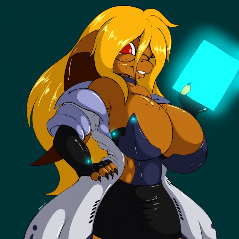 anthro big_breasts blonde_hair breasts claws clothed clothing coat eyewear female freckles glasses hair holding_object lab_coat long_hair looking_at_viewer non-mammal_breasts red_eyes solo topwear conditional_dnp suirano allin scalie 1:1 hi_res