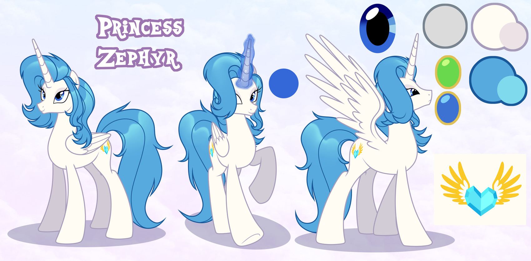 blue_eyes blue_mane blue_tail color_swatch cutie_mark eyelashes feathered_wings feathers female feral front_view gem glowing glowing_horn hair headgear horn long_hair looking_at_viewer mane pose princess_zephyr_(oc) quadruped side_view simple_background smile solo tail text three-quarter_view unicorn_horn white_body wings nika-rain hasbro my_little_pony mythology zephyr_de_luca_(whitetail-designs) equid equine mammal mythological_creature mythological_equine winged_unicorn cel_shading character_name digital_drawing_(artwork) digital_media_(artwork) english_text full-length_portrait model_sheet portrait shaded