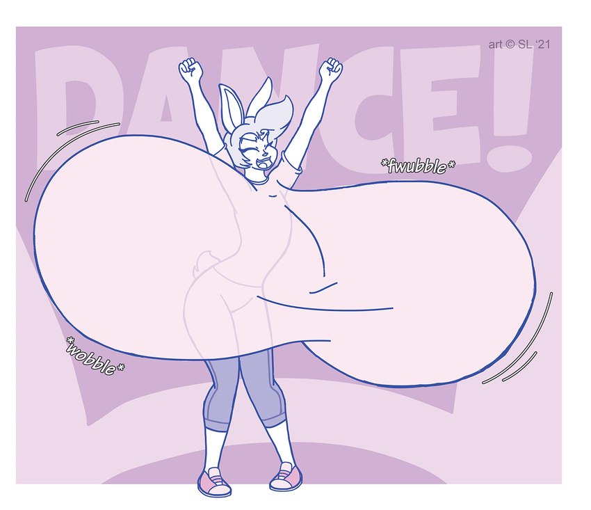 anthro big_breasts bottomwear breasts clothing copyright_symbol dancing eyes_closed female footwear hair huge_breasts hyper hyper_breasts open_mouth pants shirt shoes sneakers solo sound_effects symbol text topwear wobbling satsumalord bonnie_(satsumalord) lagomorph leporid mammal rabbit 2021 digital_media_(artwork) english_text hi_res sketch