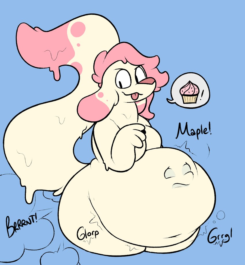 after_vore anthro belly big_belly big_ears big_tail bloated breasts candy cupcake dessert digestion digestion_noises duo face_imprint fart fart_cloud female floppy_ears food gassy huge_belly hyper hyper_belly imminent_death imprint melting melting_flesh overweight raised_tail rumbling_stomach sound_effects speech_bubble tail thick_thighs tongue tongue_out unwilling_prey vore conditional_dnp verdantphysician maple_(shitpostingstag) canid canine canis domestic_dog food_creature living_candy mammal hi_res