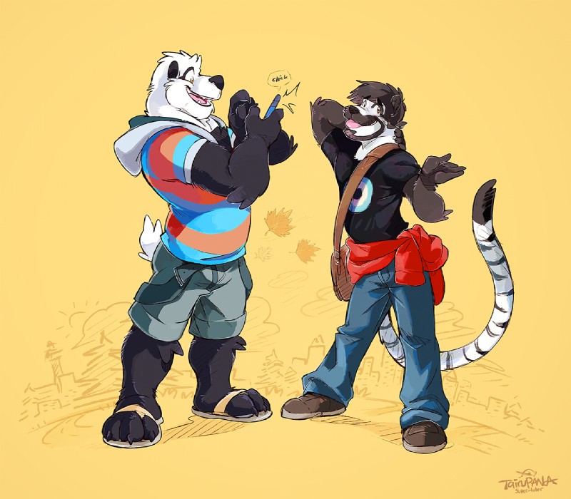 anthro camera cellphone clothed clothing duo electronics footwear happy male open_mouth outside phone sandals shoes silly simple_background slightly_chubby smartphone tongue tongue_out yellow_eyes super-tuler tairu bear felid giant_panda mammal pantherine tiger