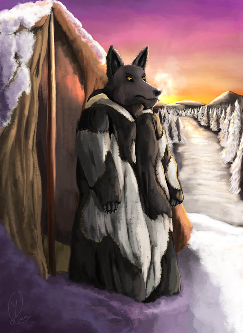 anthro arctic black_body black_fur evergreen_tree freezing_breath fur fur_coat glare_(lighting) grumpy homebrew landscape male morning mountain pine_tree pink_sky plant sky snow solo stitch_(sewing) sunrise tent tree tundra winter yellow_eyes yenocwolf secrets_of_uncrom uncrom valtalska oberon_(uncrom) anugoran canid canine canis jackal mammal peror absurd_res hi_res