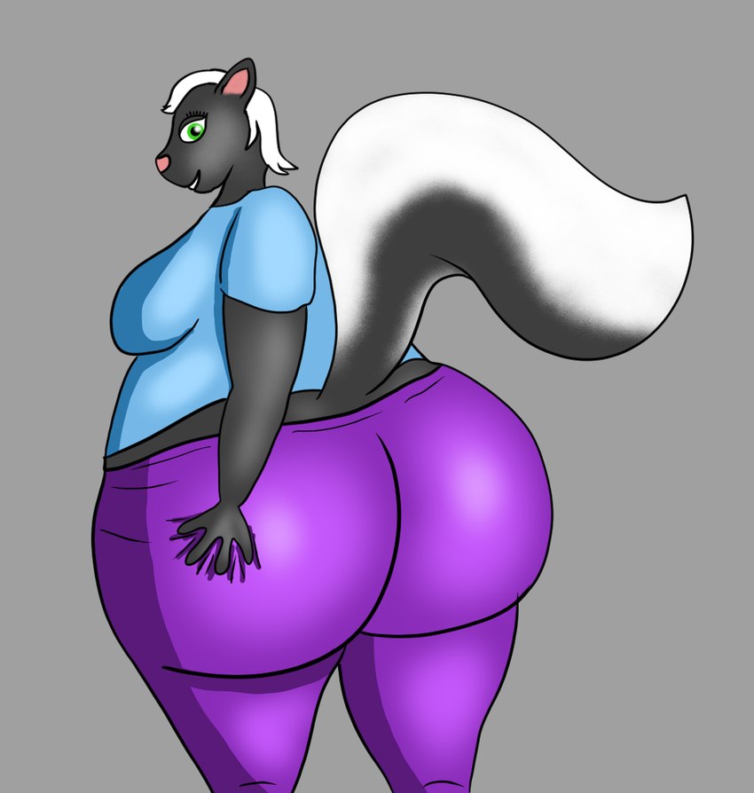 anthro big_breasts big_butt breasts butt clothed clothing female fully_clothed green_eyes hand_on_butt huge_butt hyper hyper_butt looking_at_viewer overweight overweight_female pose purple_clothing skunk_tail slightly_chubby slightly_chubby_female smile smiling_at_viewer solo charl33 fan_character mammal mephitid skunk pinup