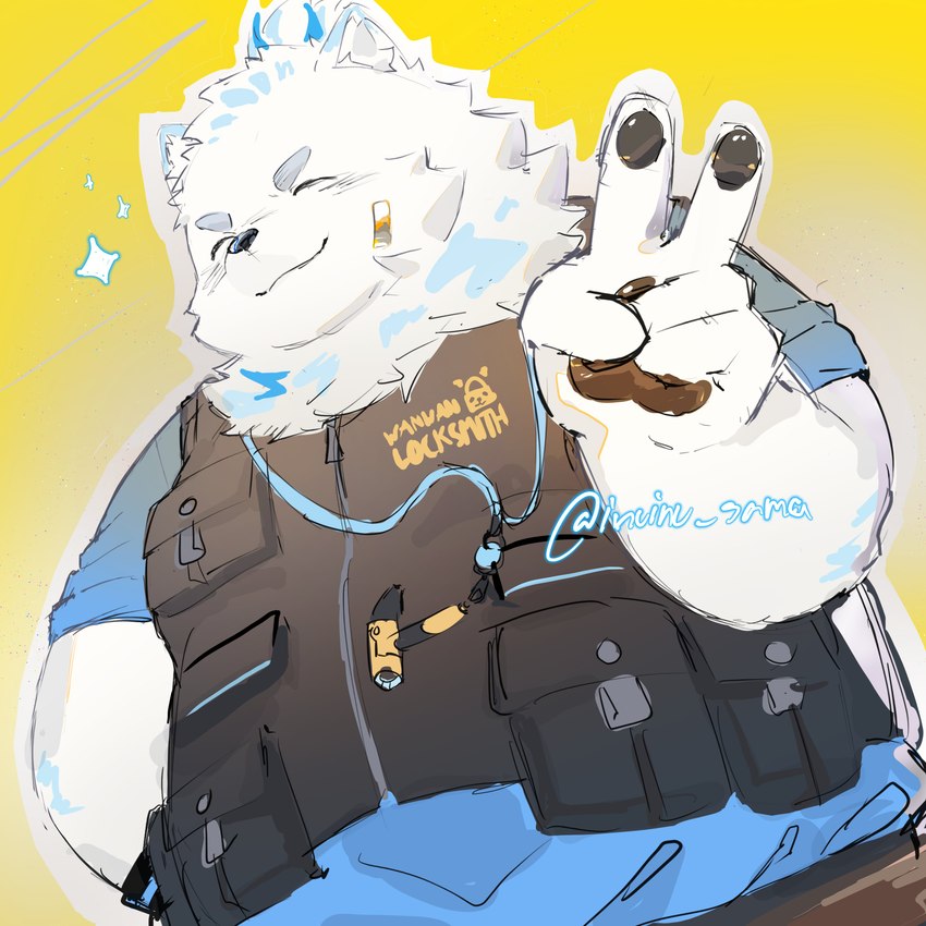 :3 anthro bandage clothing eyes_closed fur gesture hand_gesture locksmith male overweight overweight_male pawpads simple_background smile solo topwear v_sign vest white_body white_fur yellow_background inuinu_sama lifewonders live_a_hero yohack canid canine canis domestic_dog mammal 1:1 absurd_res hi_res