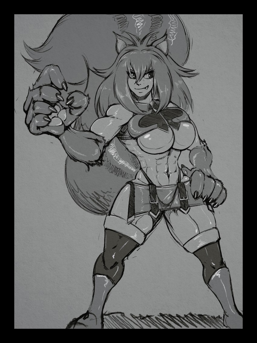 abs anthro big_breasts black_border border breasts claws clothed clothing female hand_on_hip muscular muscular_anthro muscular_female simple_background smile solo standing teeth tight_clothing transformation sutibaru arc_system_works blazblue makoto_nanaya animal_humanoid humanoid mammal mammal_humanoid rodent rodent_humanoid sciurid sciurid_humanoid tree_squirrel_humanoid 2015 3:4 absurd_res black_and_white digital_media_(artwork) hi_res monochrome