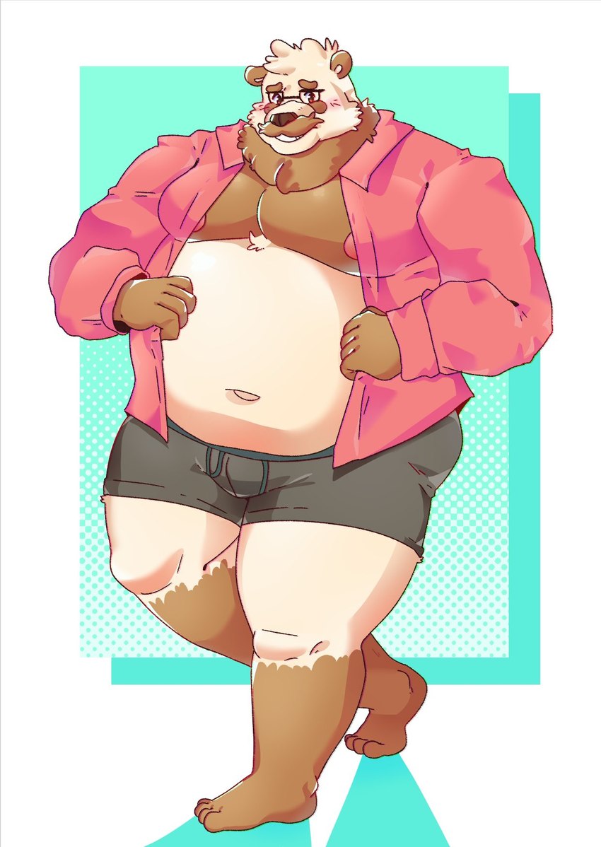 anthro belly blush brown_body brown_fur clothed clothing eyewear fur glasses humanoid_hands male moobs navel nipples open_clothing open_shirt open_topwear overweight overweight_male shirt solo topwear underwear matchaijuice bear giant_panda mammal 2021 hi_res