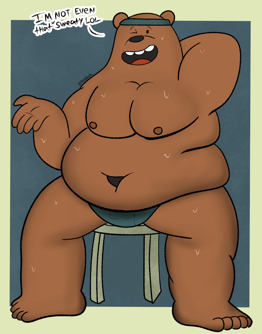 anthro belly bodily_fluids clothed clothing dialogue feet happy male moobs obese overweight overweight_male pose sitting skimpy solo sweat sweaty_feet sweaty_legs sweaty_thighs text underwear sebboh cartoon_network we_bare_bears grizzly_(we_bare_bears) bear brown_bear grizzly_bear mammal ursine 2023 absurd_res english_text hi_res pinup