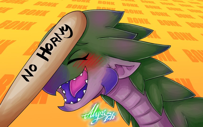 anthro baseball_bat bat_(object) blush eyebrows eyes_closed female feral green_body green_scales humanoid_pointy_ears no_horny open_mouth open_smile parody pointy_ears purple_body scales sharp_teeth smile solo spikes spikes_(anatomy) teeth text alyrise capcom go_to_horny_jail monster_hunter mythology dragon dreadqueen_rathian flying_wyvern mammal mythological_creature mythological_scalie rath_wyvern rathian reptile scalie 2022 headshot_portrait meme portrait reaction_image