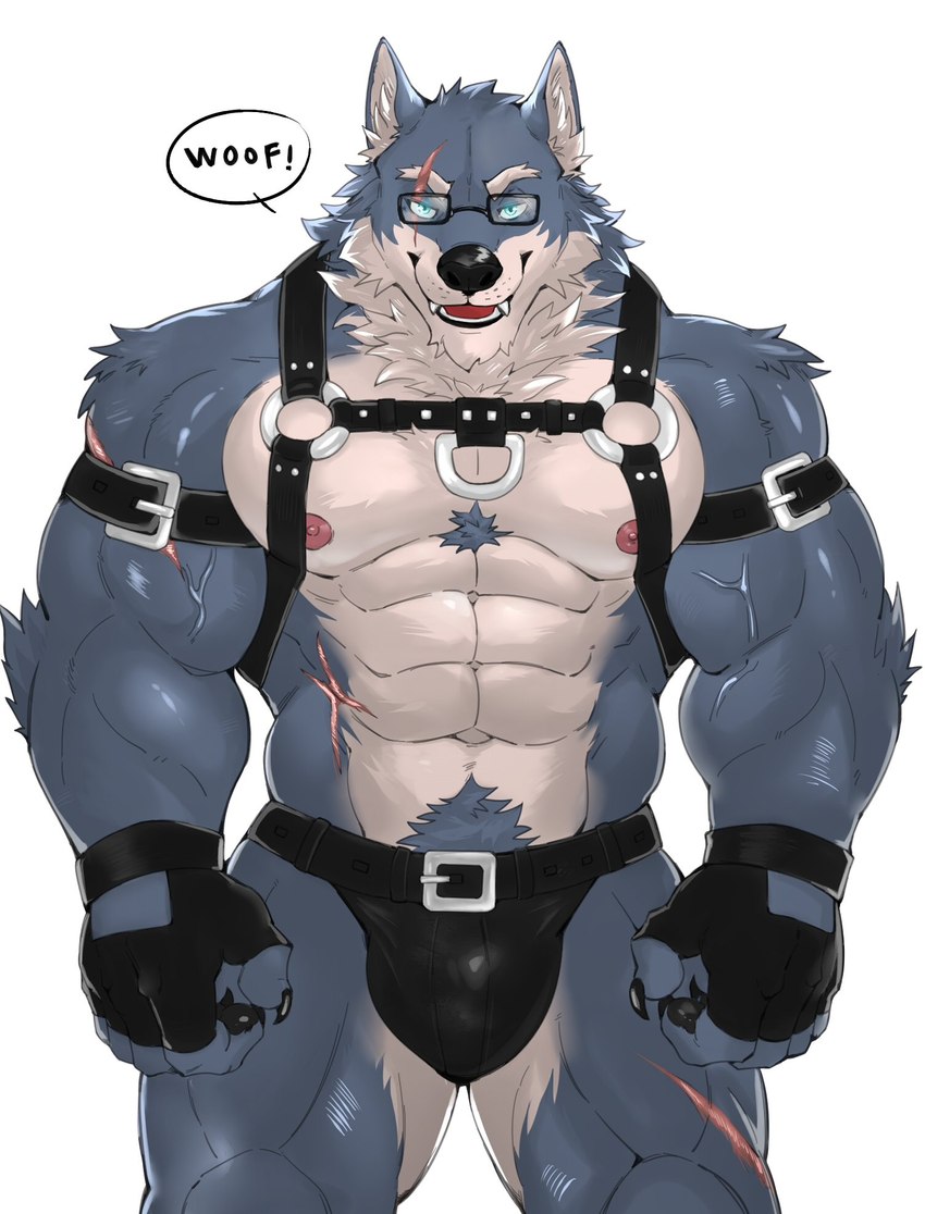 abdominal_scar abs anthro arm_scar arm_tuft armband barbell_piercing beard belt biceps black_claws black_clothing black_gloves black_handwear black_jockstrap black_underwear blue_body blue_eyes blue_fur blue_hair bulge chest_tuft claws clothing deltoids dialogue elbow_tuft eye_scar eyebrow_piercing eyebrow_slit eyebrow_stud eyebrows eyewear facial_hair facial_piercing facial_scar finger_claws fingerless_gloves fur glasses gloves gold_(metal) hair handwear harness hip_scar jockstrap leather leather_clothing leather_underwear leg_scar looking_at_viewer male muscular muscular_anthro muscular_male muscular_thighs navel nipples open_mouth pecs piercing pubes rectangular_glasses scar shoulder_scar simple_background solo speech_bubble tuft underwear vein veiny_muscles white_background woof_(sound_effect) meocondainhan viktor_(storiaxion) canid canine canis mammal wolf hi_res