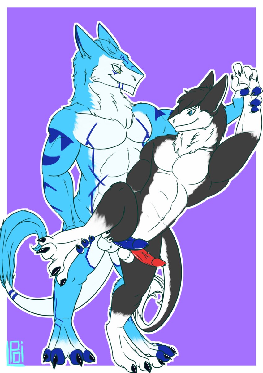 anthro duo erection frottage hand_holding holding_leg looking_at_another looking_at_partner male male/male muscular penile sex simple_background tail poli_adamantes mizuiro_chizu sergal absurd_res hi_res