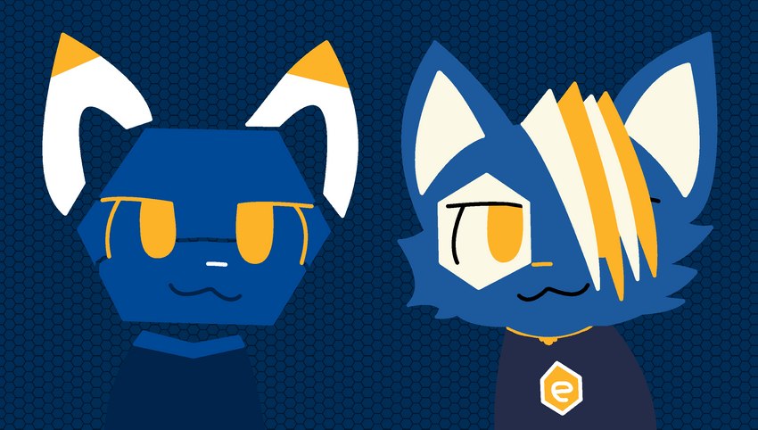 ambiguous_gender anthro blue_body blue_fur clothed clothing duo fur hair hair_over_eye hexagon humor looking_at_viewer machine mascot multicolored_body no_shading one_eye_obstructed orange_eyes orange_hair simple_background redcrystal boy_kisser_(meme) e621 esix hexerade silly_cat_(mauzymice) android domestic_cat felid feline felis mammal robot robot_anthro hi_res lineless meme redraw male_(lore)