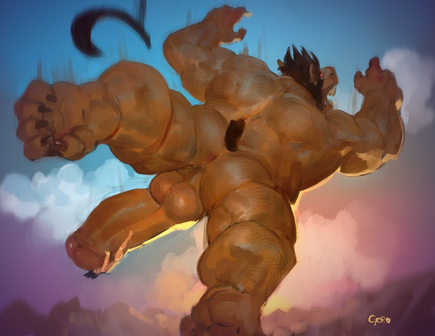 anthro anus backsack balls big_penis brown_body brown_fur butt duo falling fur genitals huge_penis humanoid_genitalia humanoid_penis macro male mid_transformation missing_tail muscular muscular_male nude penis red_eyes severed_body_part severed_tail size_difference tail_removed goroguro dragon_ball dragon_ball_z gohan vegeta mammal oozaru primate saiyan absurd_res hi_res