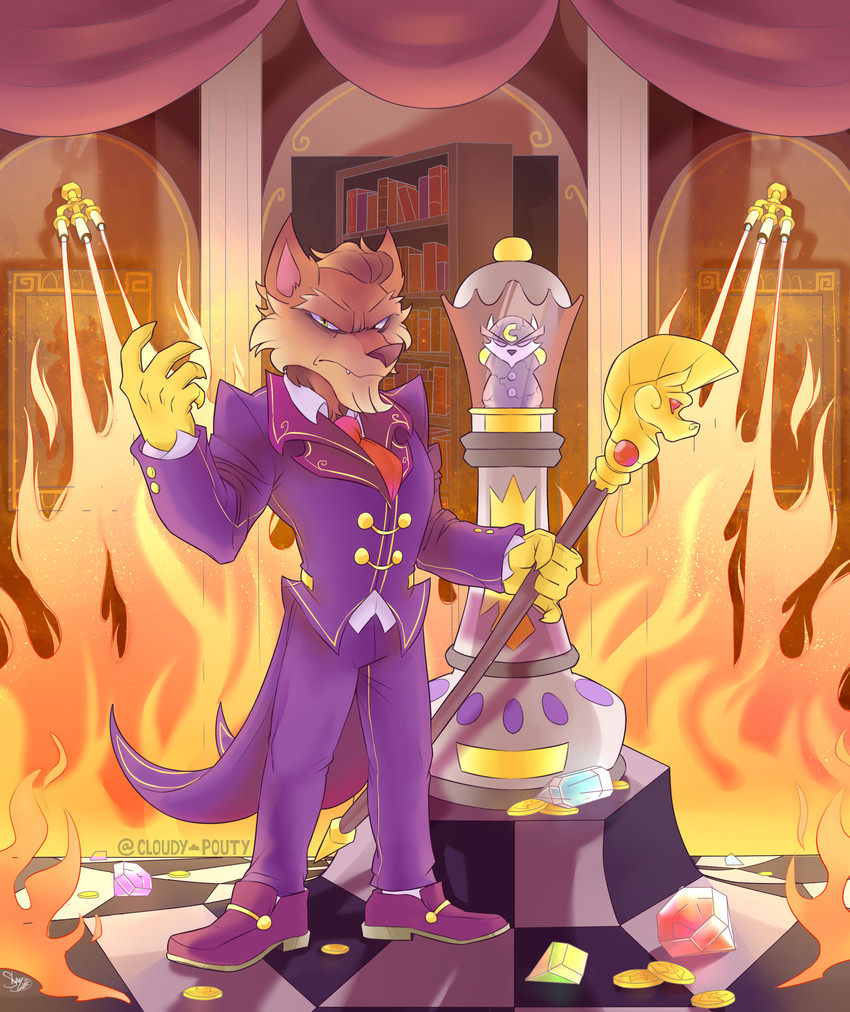 5_fingers anthro book bookshelf brown_body brown_fur clothed clothing coin emerald_(gem) fingers fire fully_clothed fur furniture gem gloves hair handwear looking_at_viewer male ruby_(gem) scepter solo standing treasure cloudypouty fan_character canid canine canis mammal absurd_res hi_res