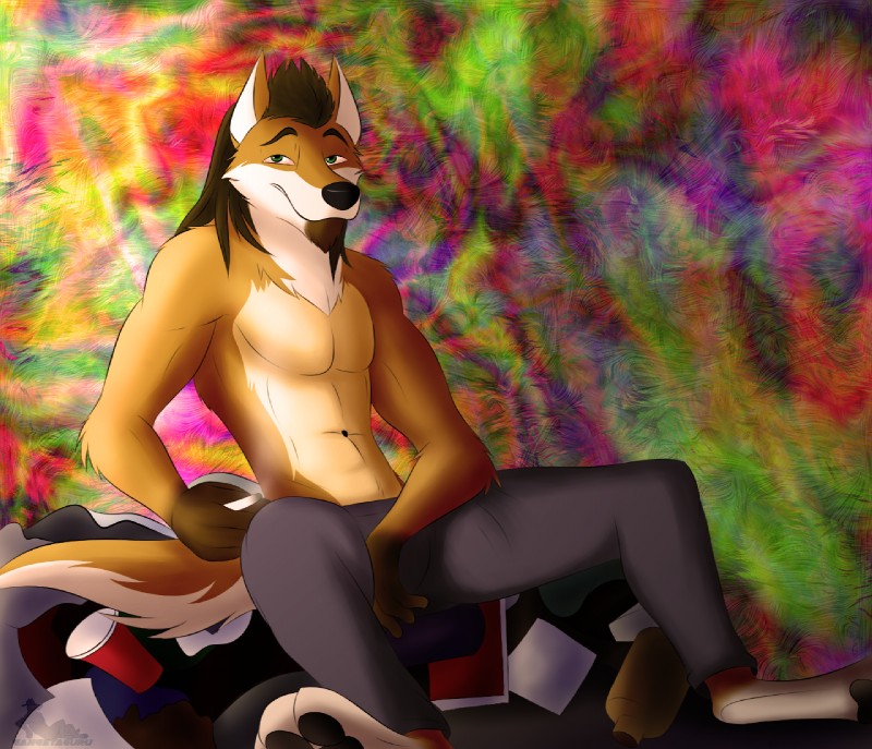 anthro barefoot biped clothed clothing drugs featureless_chest feet male messy psychedelic solo stoned substance_intoxication topless gangstaguru bundadingy canid canine canis dingo mammal colorful_theme digital_media_(artwork)