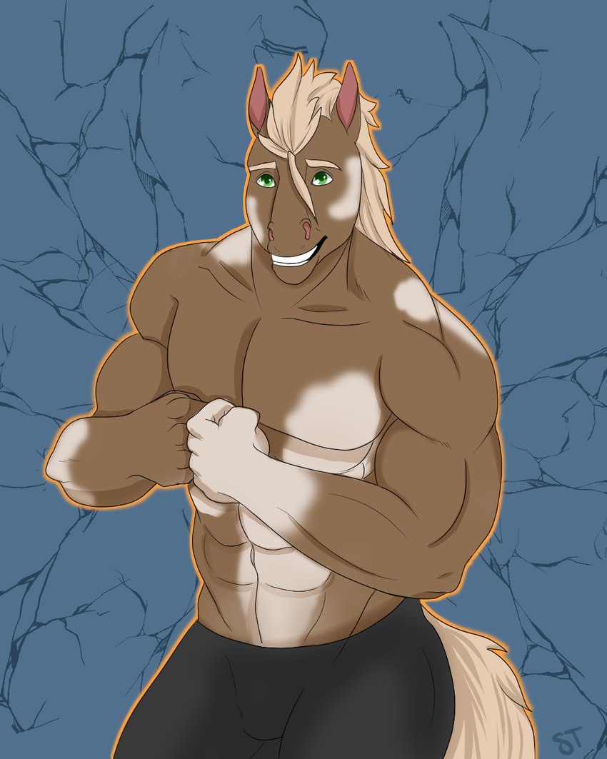 anthro brown_body flexing front_view glistening glistening_eyes green_eyes grin male mane markings muscular muscular_anthro muscular_male simple_background smile solo standing tail tan_mane tan_tail white_markings tiggybloom equid equine horse mammal 2016 4:5 hi_res portrait three-quarter_portrait