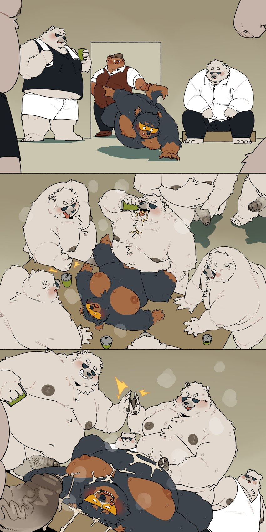 after_sex anal anthro balls belly big_belly black_body blush bodily_fluids bottomwear brown_body can clothing container cum drinking erection eyewear forced genital_fluids genitals group kemono male male/male moobs nipples open_mouth overweight overweight_male pants penis sex shirt shorts sitting sunglasses topwear towel towel_around_neck visor white_body quanjiang bear canid canine canis domestic_dog domestic_pig mammal polar_bear suid suine sus_(pig) ursine 2025 absurd_res comic hi_res