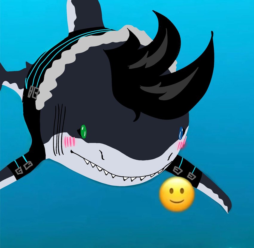 anthro black_hair blue_eyes blush clothing feral green_eyes hair looking_at_viewer male sharp_teeth smile smiley_face solo swimming teeth water realta22 realta fish great_white_shark mackerel_shark marine shark white_shark hi_res meme redraw