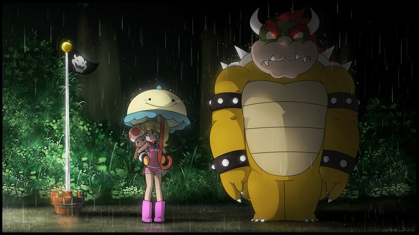 anthro blonde_hair clothing female footwear group hair horn male parody plant raining red_hair tree trio umbrella supercaterina ghibli mario_bros my_neighbor_totoro nintendo totoro_bus_stop bowser princess_peach human koopa mammal scalie toad_(mario) hi_res