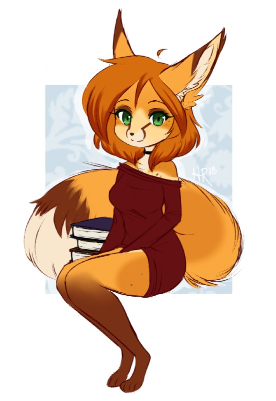 anthro book breasts chibi clothing dress female freckles green_eyes hair long_ears looking_at_viewer red_hair solo vulap taykoe autumn_(praexon) canid canine fox mammal red_fox true_fox hi_res