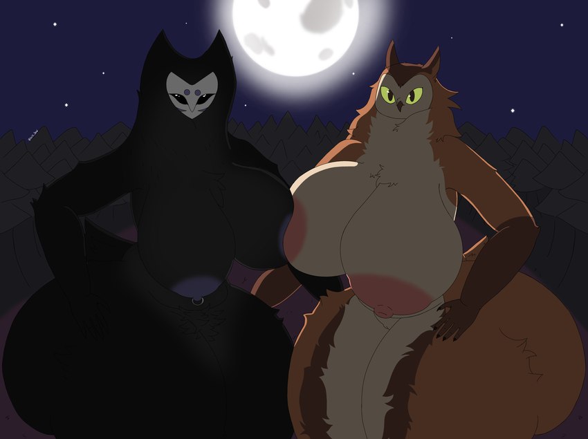 anthro areola beak big_areola big_breasts big_butt big_nipples black_body black_feathers breast_squish breasts butt chest_tuft duo facial_markings feathers female forest forest_background full_moon genitals green_eyes hand_on_another's_hip hand_on_hip hand_on_leg hand_on_thigh head_markings huge_breasts huge_butt looking_at_viewer markings mask moon multicolored_body multicolored_feathers nature nature_background neck_tuft night nipple_piercing nipples piercing plant pubes puffy_areola puffy_nipples pussy sky squish star starry_sky tail thick_thighs thigh_squish tree tuft void_dew astrid_(void_dew) clover_(void_dew) avian barn_owl bird cryptid owl tyto tytonid 2024 absurd_res hi_res watermark