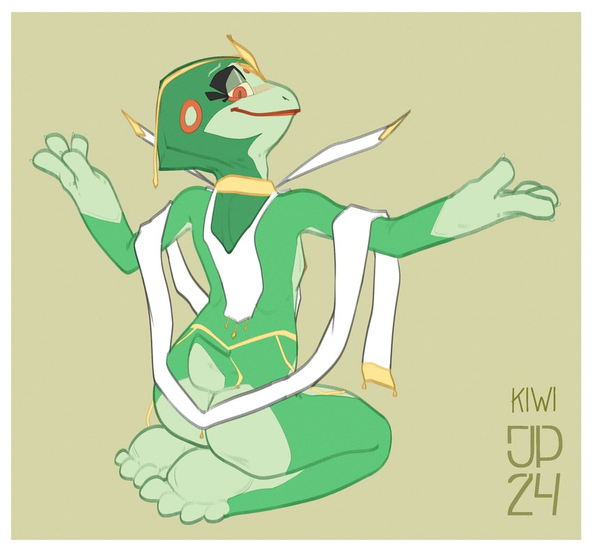 accessory anthro big_breasts border breasts clothed clothing dancing female gold_(metal) gold_jewelry green_body jewelry nipples nude partially_clothed pose red_eyes sitting small_breasts solo white_border johnnypescado kiwi_(dredjir) amphibian frog hi_res