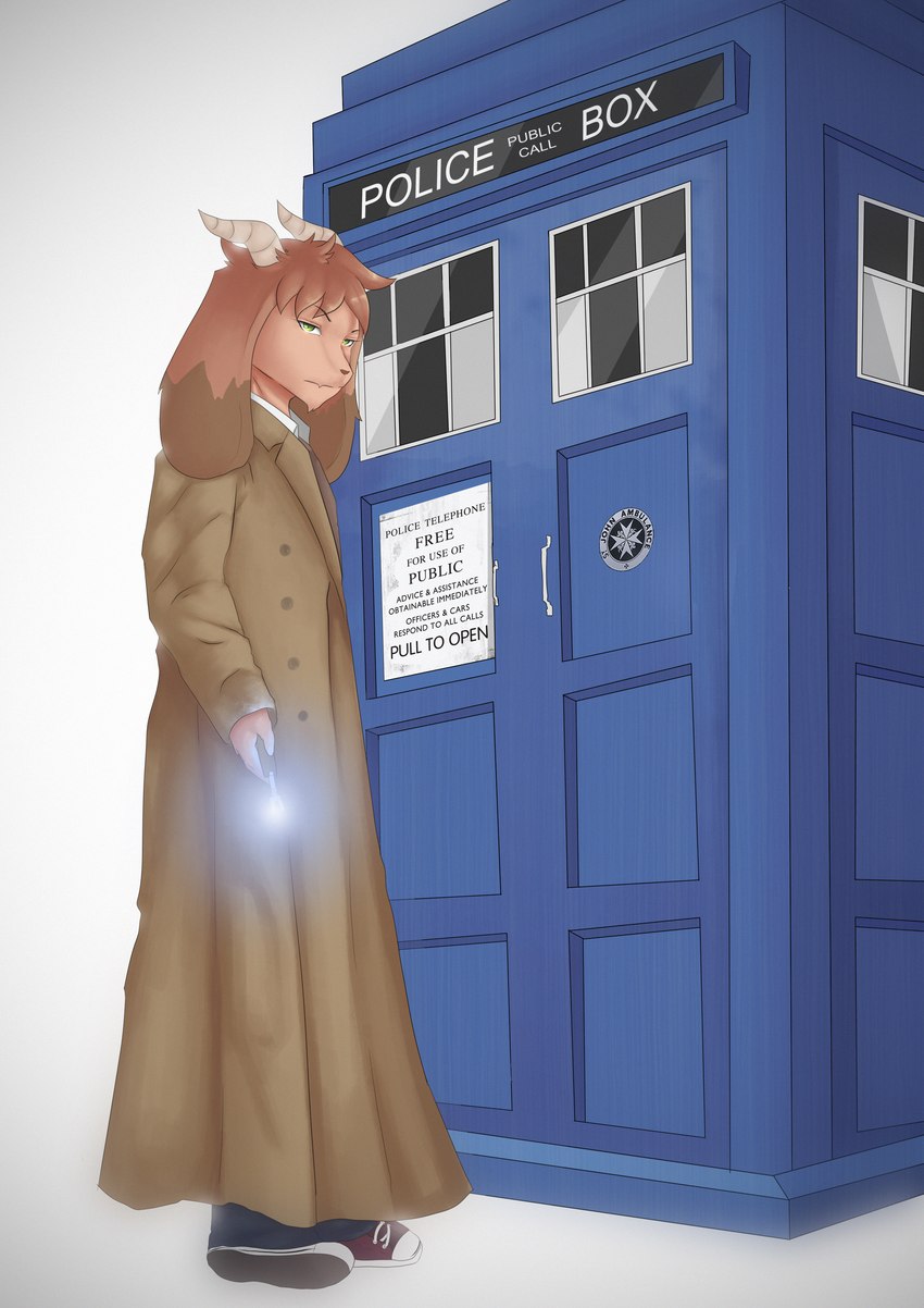 anthro clothing coat footwear goatification_project_(claydon_delve) male police_box shoes sneakers sonic_screwdriver topwear trenchcoat jakinsstudio british_broadcasting_corporation doctor_who david_tennant tardis_(doctor_who) bovid caprine goat mammal absurd_res hi_res