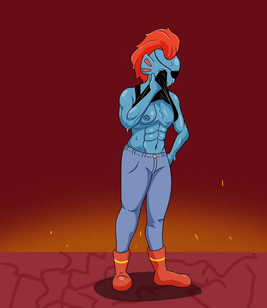 anthro bodily_fluids boots bottomwear breasts clothing denim denim_bottomwear denim_clothing exposed_breasts female footwear jeans muscular muscular_female nipples pants shoes solo sweat wiping_brow wiping_sweat watersucc undertale undertale_(series) undyne fish marine hi_res