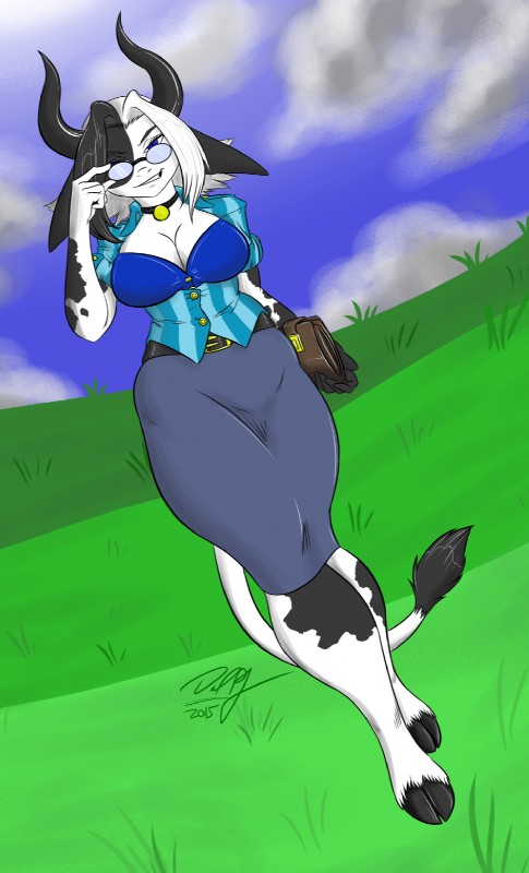 anthro big_breasts black_hair black_spots blue_eyes breasts clothing eyewear female fur glasses hair horn multicolored_hair solo spots two_tone_hair white_body white_fur white_hair baikobits las_lindas alejandra_coldthorn bovid bovine cattle holstein_friesian_cattle mammal 2015 hi_res