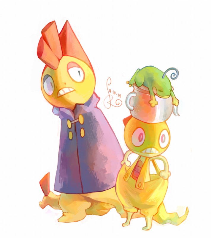 anthro cloak clothing cosplay duo male overalls parody suspenders teapot osreido nintendo over_the_garden_wall pokemon amphibian generation_2_pokemon generation_5_pokemon pokemon_(species) politoed scrafty scraggy crossover