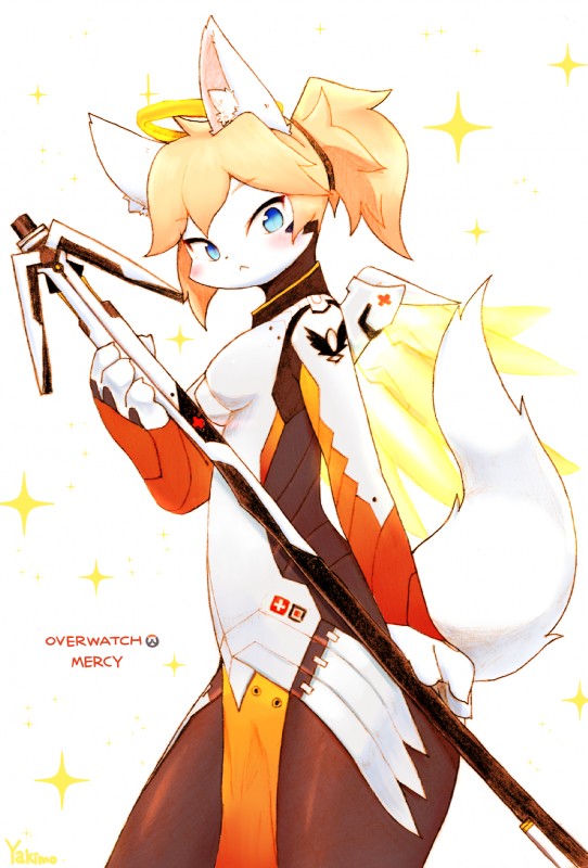 4_fingers alternate_species anthro anthrofied blonde_hair blue_eyes breasts energy_wings female fingers furrification hair kemono medium_breasts solo standing text unusual_anatomy unusual_wings wings yakimo blizzard_entertainment overwatch mercy_(overwatch) felid feline mammal english_text hi_res