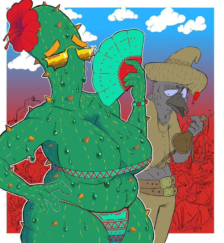 belly big_breasts bodily_fluids breasts cactus clothing desert duo female green_body grey_body male male/female panties plant slightly_chubby small_bikini sweat sweatdrop thick_thighs underwear wide_hipped_female vadaver avian cactus_creature cactus_humanoid elemental_creature elemental_humanoid flora_fauna humanoid plant_humanoid hi_res