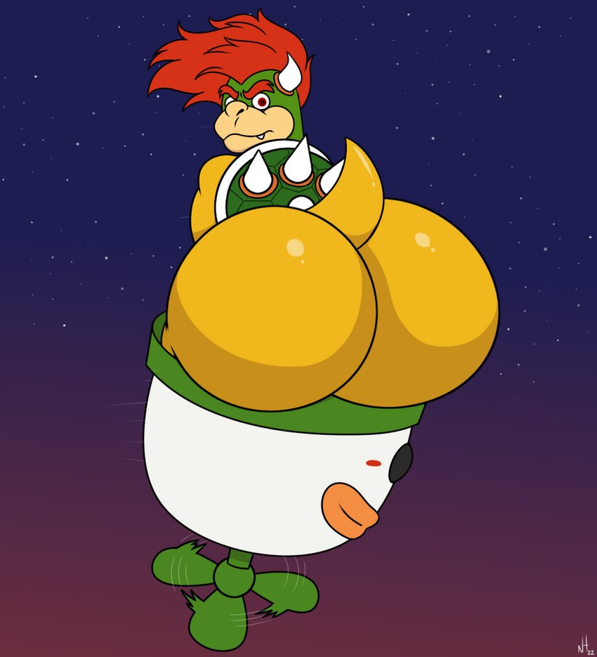 anthro big_butt bubble_butt butt eyebrows hair horn huge_butt looking_at_viewer male red_hair shell simple_background sky solo spiked_shell spikes spikes_(anatomy) teeth nt6969 bowser_day mario_bros nintendo bowser koopa scalie