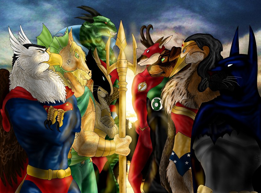 anthro beak black_body black_fur black_hair blonde_hair blue_eyes brown_body brown_feathers brown_fur brown_scales clothed clothing feathers female fur green_body green_eyes green_scales group hair holding_object holding_weapon male mask red_eyes scales superhero weapon white_body white_feathers yellow_beak dragonlordrynn aquaman_(copyright) batman_(series) dc_comics dcau green_lantern_(series) justice_league justice_league_unlimited mythology superman_(series) the_flash_(series) wonder_woman_(series) aquaman batman hawkgirl john_stewart martian_manhunter superman the_flash wally_west_(dc) wonder_woman alien antelope avian bird bovid canid canine canis domestic_dog felid fish gryphon heron hybrid leopard lion mammal marine mastiff molosser mythological_avian mythological_creature pantherine pelecaniform pronghorn reptile rottweiler scalie seahorse syngnathid syngnathiform hi_res