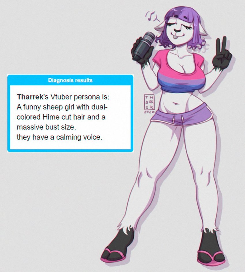 anthro bangs big_breasts biped bisexual_pride_colors black_eyebrows black_hooves black_text blue_clothing blue_shirt blue_topwear bottomwear breasts cleavage clothed clothed_anthro clothed_female clothing cloven_hooves collarbone crop_top electronics eyebrows eyelashes female female_anthro flip_flops footwear fur gesture grey_tongue hair hand_gesture hime_cut holding_microphone holding_object hooves hotpants lgbt_pride logo medium_hair microphone midriff multicolored_clothing multicolored_shirt multicolored_topwear navel pink_clothing pink_flip_flops pink_footwear pink_sandals pink_shirt pink_topwear pride_color_clothing pride_color_shirt pride_color_topwear pride_colors purple_bottomwear purple_clothing purple_hair purple_shirt purple_shorts purple_topwear sandals shirt shoes shorts solo text tongue tongue_out topwear v_sign white_body white_ears white_fur white_text tharrek bovid caprine mammal sheep 2020 2024 artist_logo dated english_text