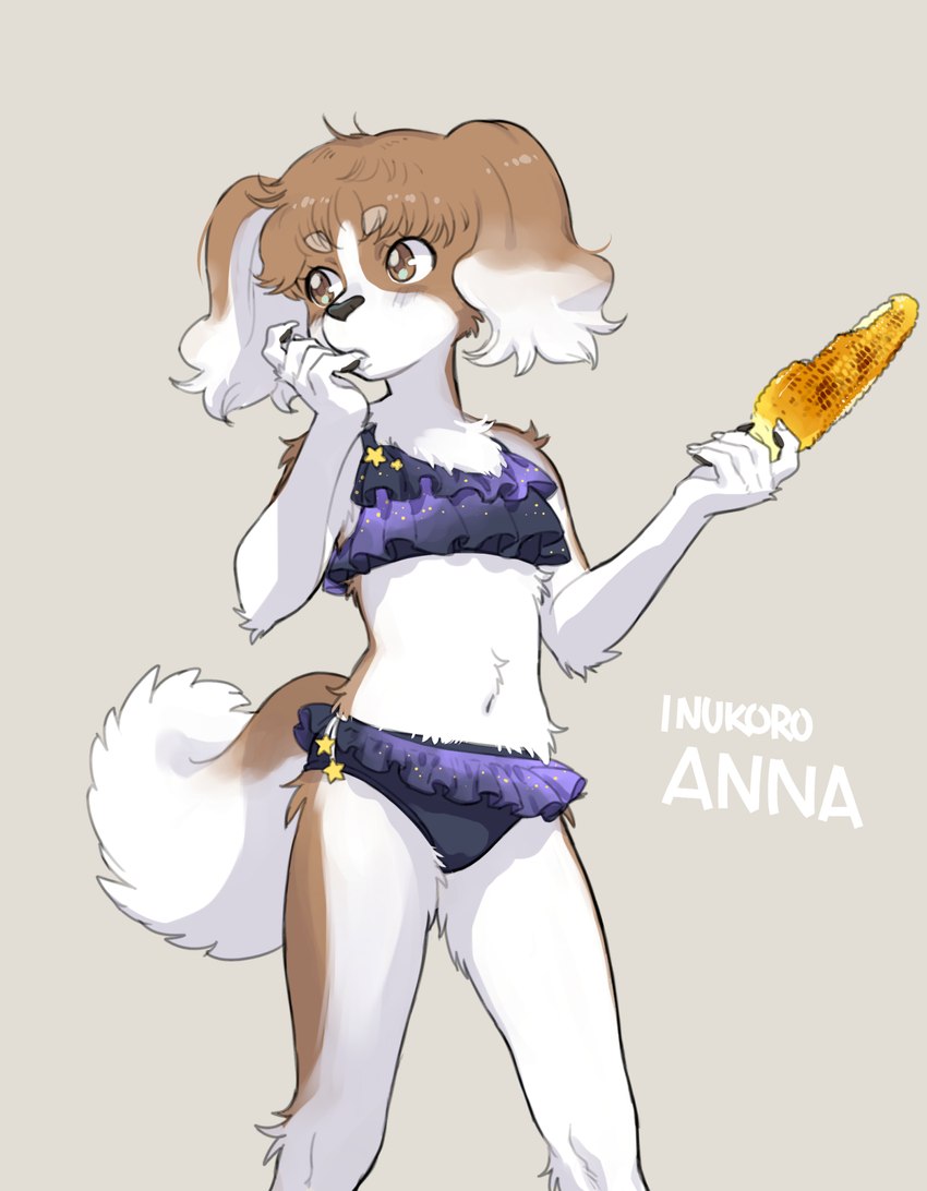 adolescent anthro bikini black_pawpads breasts brown_background brown_body brown_eyes brown_fur chest_tuft clothing corn eyebrow_through_hair eyebrows female floppy_ears fluffy fluffy_tail food frilly frilly_clothing frilly_swimwear fur hair kemono looking_away midriff multicolored_body multicolored_fur navel pawpads plant ruffled_bikini simple_background solo swimwear tail text three-quarter_view translucent translucent_hair tuft two-piece_swimsuit two_tone_body two_tone_fur white_body white_fur young kikurage inukoro_(kikurage) kishimoto_anna_(inukoro) canid canine canis domestic_dog mammal 2024 character_name digital_media_(artwork) english_text handwritten_text hi_res portrait three-quarter_portrait