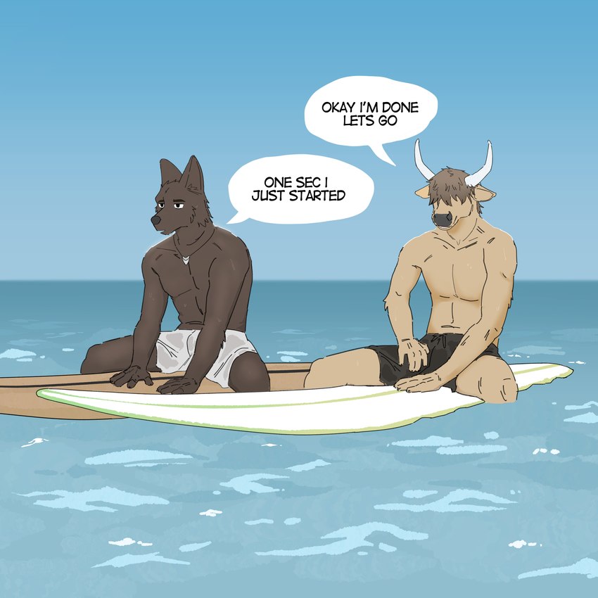 anthro athletic athletic_male bodily_fluids bottomwear brown_body brown_fur casual_urination clothed clothing dialogue duo fur genital_fluids horn male peeing sea sky speech_bubble surfboard tan_body tan_fur text topless urine water watersports wetting echto bovid bovine canid canine canis cattle domestic_dog highland_cattle mammal 1:1 absurd_res hi_res