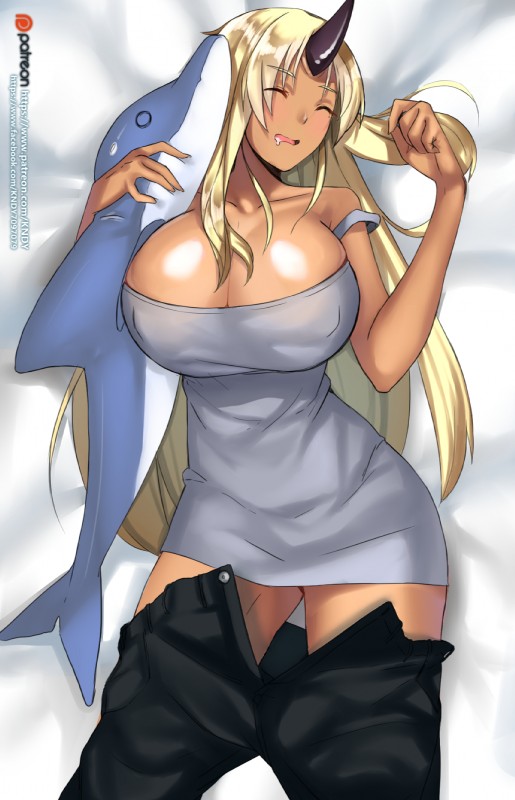 big_breasts blonde_hair blush bodily_fluids bottomwear bottomwear_down breasts cleavage clothed clothing collarbone covered_nipples dakimakura dark_body dark_skin erect_nipples exposure_variation eyes_closed female hair horn huge_breasts long_hair lying monster_girl_(genre) nipple_outline nipples not_furry on_back pants pants_down partially_clothed patreon_logo plushie saliva shirt sleeping solo stuffed_dolphin text topwear undressing kndy monster_musume patreon tionishia tionishia_(monster_musume) humanoid ogre 2016 dakimakura_design hi_res url watermark