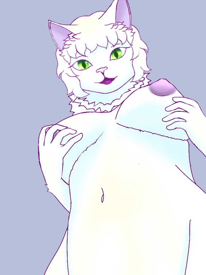 anthro areola big_breasts breasts erect_nipples female green_eyes hand_on_breast lips looking_at_viewer nipples nude purple_lips purple_nipples purple_nose simple_background small_hips solo awarz aclauir_blovelt felid feline mammal 3:4 hi_res